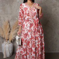 Leaf Print Maxi Dress - Red