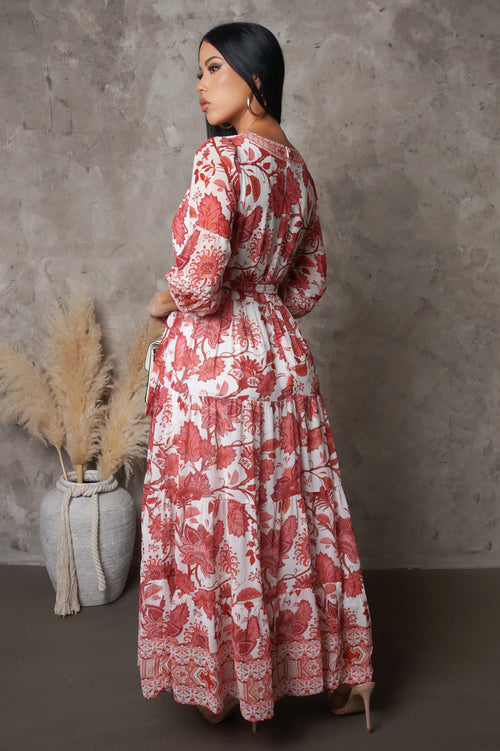 Leaf Print Maxi Dress - Red